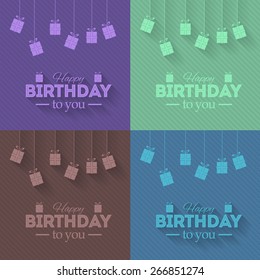 Gift Boxes Hanging Flat Style Happy Birthday Vector Design. Pastel Multicolor Background, Announcement and Celebration Message Poster Set