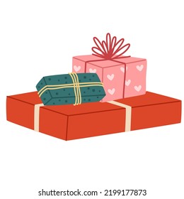 Cajas de regalo. Feliz Año Nuevo y Feliz Navidad. Caja de regalo con cinta. Banner de vacaciones, afiche web, volante, folleto elegante, tarjeta de saludo, portada. Ilustración de vectores de mano aislada