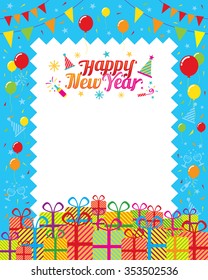 Gift boxes with Happy New Year Decoration, Balloons, Confetti, Flag, Celebration