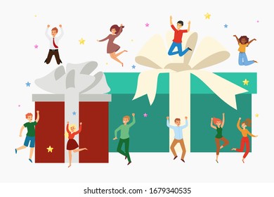 Gift boxes and happy tiny people jumping with huge presents cartoon vector illustration isolated on white. Shopping madness, black friday or holiday big sale offer, gifts, mini men and women shopping.
