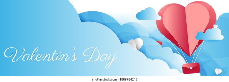 Gift boxes with heart balloon floating in the sky, Happy Valentine's Day banners, paper art style.