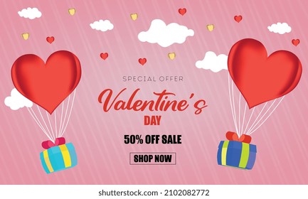 Gift boxes with heart balloon floating it the sky, Happy Valentine's Day banners
