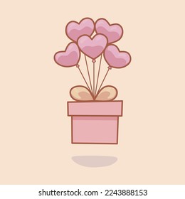 Gift boxes with heart balloon floating it Isolated flat cartoon vector icon illustration. Suitable for love, valentine day, mothers day, birthday, surpise design concept.