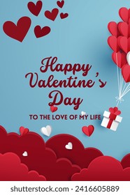 Cajas de regalo, globo de corazón flotando en el cielo con pancartas de Feliz Día de San Valentín, estilo de arte.