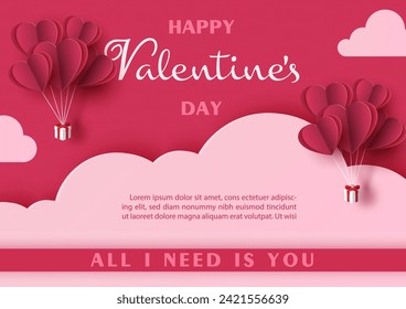 Gift boxes with heart balloon floating on pink big clouds in paper cut style with Valentine's day wording and example texts on red background.