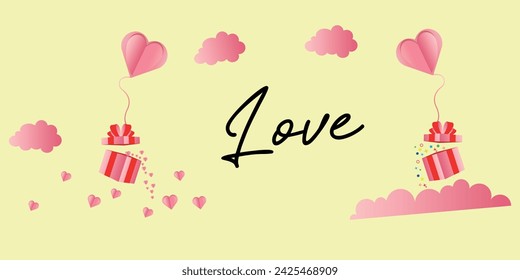 Gift boxes with heart balloon floating it the sky, Happy holiday greeting banners background, paper art style.