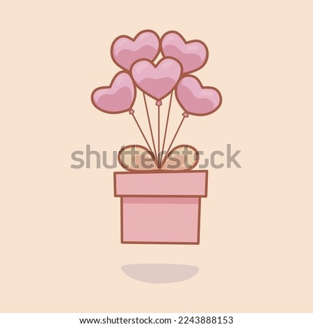 Gift boxes with heart balloon floating it Isolated flat cartoon vector icon illustration. Suitable for love, valentine day, mothers day, birthday, surpise design concept.