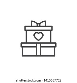 Gift boxes with heart line icon. linear style sign for mobile concept and web design. Wedding present box outline vector icon. Symbol, logo illustration. Vector graphics