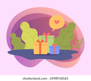 Gift boxes with heart in speech bubble. Presents, discount, sales flat vector illustration. Romance, holiday, shopping concept for banner, website design or landing page