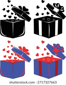 Geschenkboxen mit Herzen, die aus ihnen in verschiedenen Farben und Designs kommen Vektorgrafik