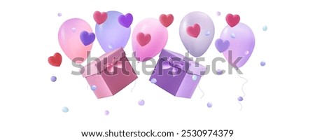 Gift boxes with hearts, confetti and balloons rise up. Gift delivery, shipping packaging. Sale, promotion, advertising. Online shopping, free delivery box. Festive event sales Valentine's Day. Vector 