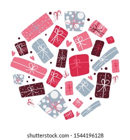 Gift boxes, hearts, confetti and lollipops on a white background in the form of a circle. Festive vector illustration