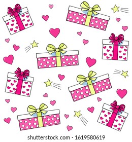 Gift boxes and hearts cute colored seamless pattern. Hand-drawn doodle cartoon print for the festive decoration of packaging, scrapbooking paper and textiles. Stock vector illustration. 