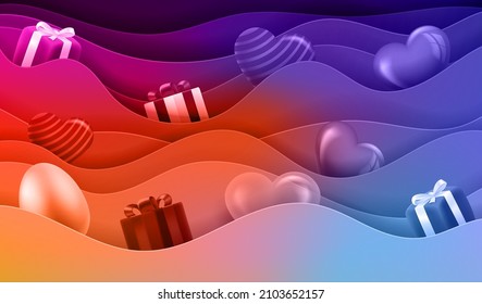 Gift boxes and hearts on the waves. Happy Valentines Day card. 3d vector illustration