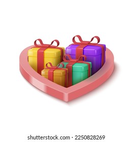 Gift boxes in a heart-shaped box. Vector 3d illustration.