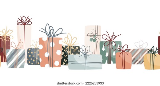 Borde horizontal de cajas de regalo. Patrón sin fisuras de Navidad. Ilustración plana vectorial para el diseño navideño.