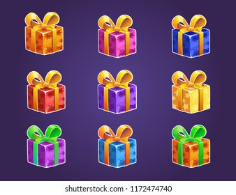 Gift Boxes Icon for a game interfaces.
Funny cartoon gift box. Different colors. Reward  Vector icon. Getting rewards in a game. GUI set elements for mobile, video or web games.