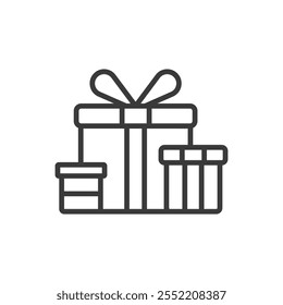 Gift boxes, icon in line design. Gift, boxes, presents, holiday, wrapped, decoration, surprise on white background vector. Gift boxes editable stroke icon