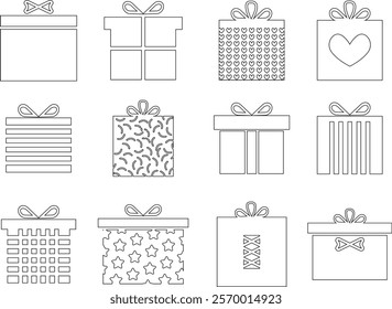 Gift boxes icon set with ribbon. Gift box line silhouette vector collection isolated on transparent background. Surprise gift for birthday, anniversary, packaging event celebration elements.