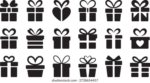 Los iconos de cajas de regalo presentan diversos estilos de arcos y envoltorios que sugieren ocasiones como cumpleaños, fiestas y celebraciones perfectas para proyectos de diseño que necesitan símbolos de presentación universales.