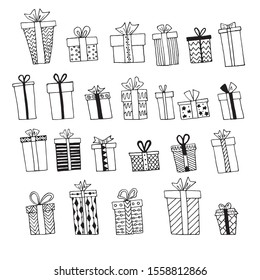 Gift boxes icons hand drawn set. Collection for christmas, valentines day, happy birthday. Vector illustration isolated on white. Gift boxes for greeting cards, gifts, wrapping paper, web and etc.