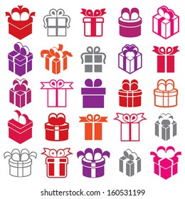 Gift boxes icons isolated on white background vector set, surprise simplistic symbols vector collections.