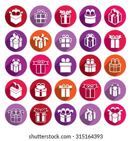 Gift boxes icons isolated on white background vector set, surprise simplistic symbols vector collections.
