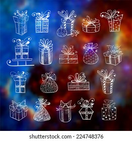 Gift boxes icons on blurred glowing background. Hand-drawn doodle sketch illustration.  Elements of this image furnished by NASA. 