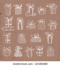 Gift boxes icons on brown parcel paper. Hand-drawn doodle sketch illustration. 