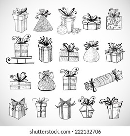 Gift boxes icons on white background. Hand-drawn doodle sketch illustration. 