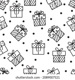 Gift boxes. Icons pattern of various present boxes in a modern style black and white. Vector pattern gifts eps 10