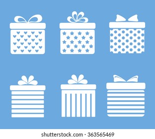 gift boxes icons set with bows and ribbons on sky blue background vector illustration