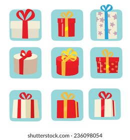 Gift boxes icons set, cartoon flat style. Isolated vector illustration. Design for stickers, logo, web and mobile app. 