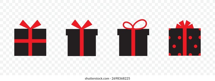 Gift boxes icons set. Collection of black gift boxes with ribbon bow on white background. Holiday presents. Vector illustration.