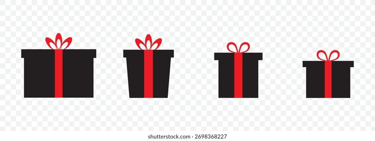 Gift boxes icons set. Collection of black gift boxes with ribbon bow on white background. Holiday presents. Vector illustration.