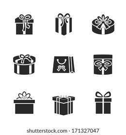 Gift boxes icons set with different ribbons and bows isolated vector illustration