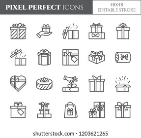 Gift Boxes Icons Set With Editable Stroke - Black Outline Transparent Elements Of Wrapped And Decorated With Ribbon And Bow Close And Open Present Packages Isolated On White In Vector Illustration.