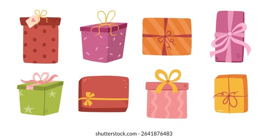 Gift boxes icons set. Vector isolated collection of cartoon presents for memorable occasions. Birthday celebration, special wrapping with ribbons and bows. Packages of various shape and form