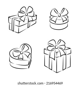 Gift boxes icons or symbols, black and white, isolated 