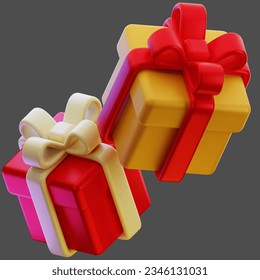 Gift boxes isolated on background. 3d red and yellow gift boxes with red and white ribbon. Birthday celebration concept. Vector illustration.