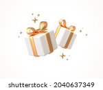 Gift boxes isolated on white. 3d white gift boxes with golden ribbon and bow. Birthday celebration concept. Vector illustration.