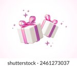 Gift boxes isolated on white. 3d white gift boxes with pink ribbon and bow. Birthday celebration concept. Vector illustration.