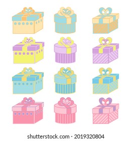 Gift boxes isolated on white background. Holiday presents, prize,  win in pastel colors for bithday card design, stickers, online casino, e-commerce or other. Vector set.