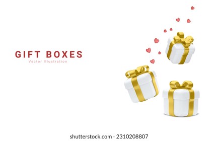 Gift boxes isolated on white. 3d white gift boxes with golden ribbon and bow. Birthday celebration or valentine concept. Vector illustration.