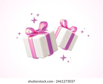 Gift boxes isolated on white. 3d white gift boxes with pink ribbon and bow. Birthday celebration concept. Vector illustration.