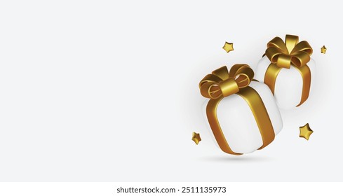 Gift boxes isolated on white. 3d white gift boxes with golden ribbon and bow. Birthday celebration concept. Vector illustration.