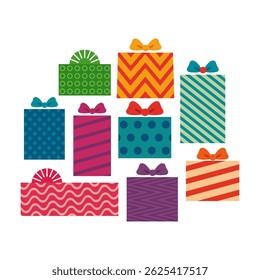 Cajas de regalo aisladas sobre fondo blanco, Ilustración vectorial plana de regalos para cumpleaños o celebración de Navidad, cajas con cinta y arco