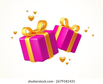 Gift boxes isolated on white. 3d pink gift boxes with yellow gold ribbon, bow and hearts. Birthday or Valentines day celebration concept. Vector illustration.