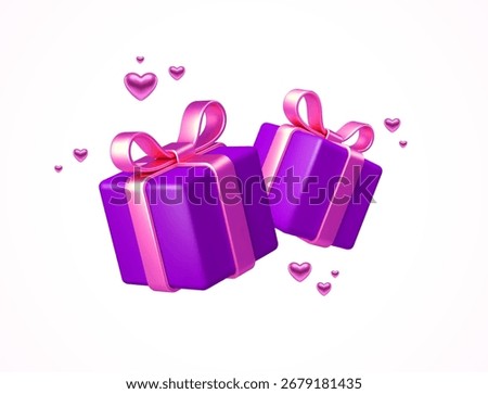 Gift boxes isolated on white. 3d purple gift boxes with pink ribbon, bow and hearts. Birthday or Valentines day celebration concept. Vector illustration.