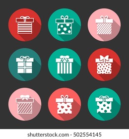 Gift boxes isolated in round. Vector icons set over black illustration
